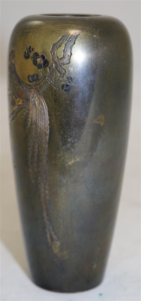 A Japanese bronze and mixed metal slender ovoid vase, early 20th century, 12cm